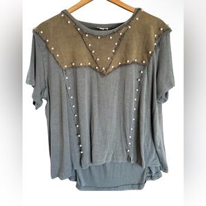POL Olive Pearl Embellished Short Sleeve Top NWOT Boho Boutique